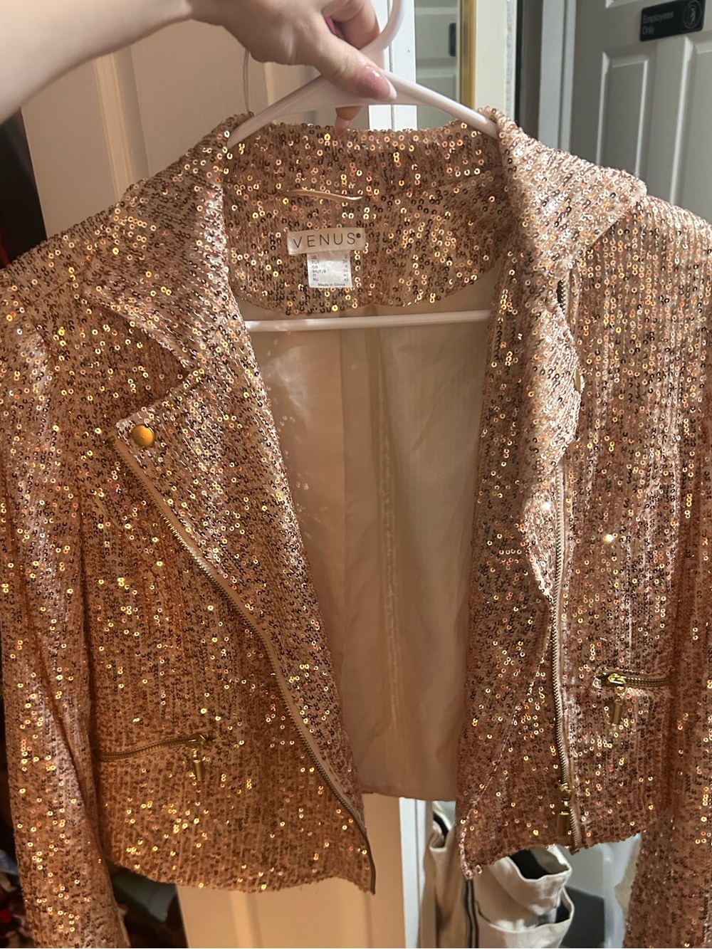 VENUS Rose Gold Sequin Moto Jacket – Size 2 – Glam Statement Piece